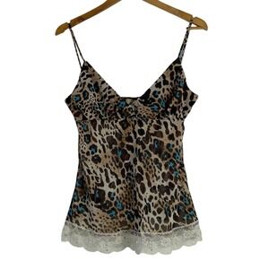 Vintage Y2K‎ Babydoll Animal Print Sheer Tank Cami Top Size Large Lace Beaded